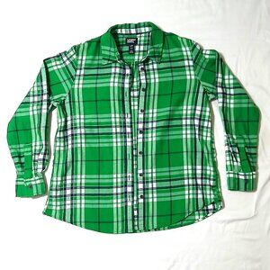 Lands’ End Kelly Green White Plaid Flannel Button Down Shirt Size Large Cotton
